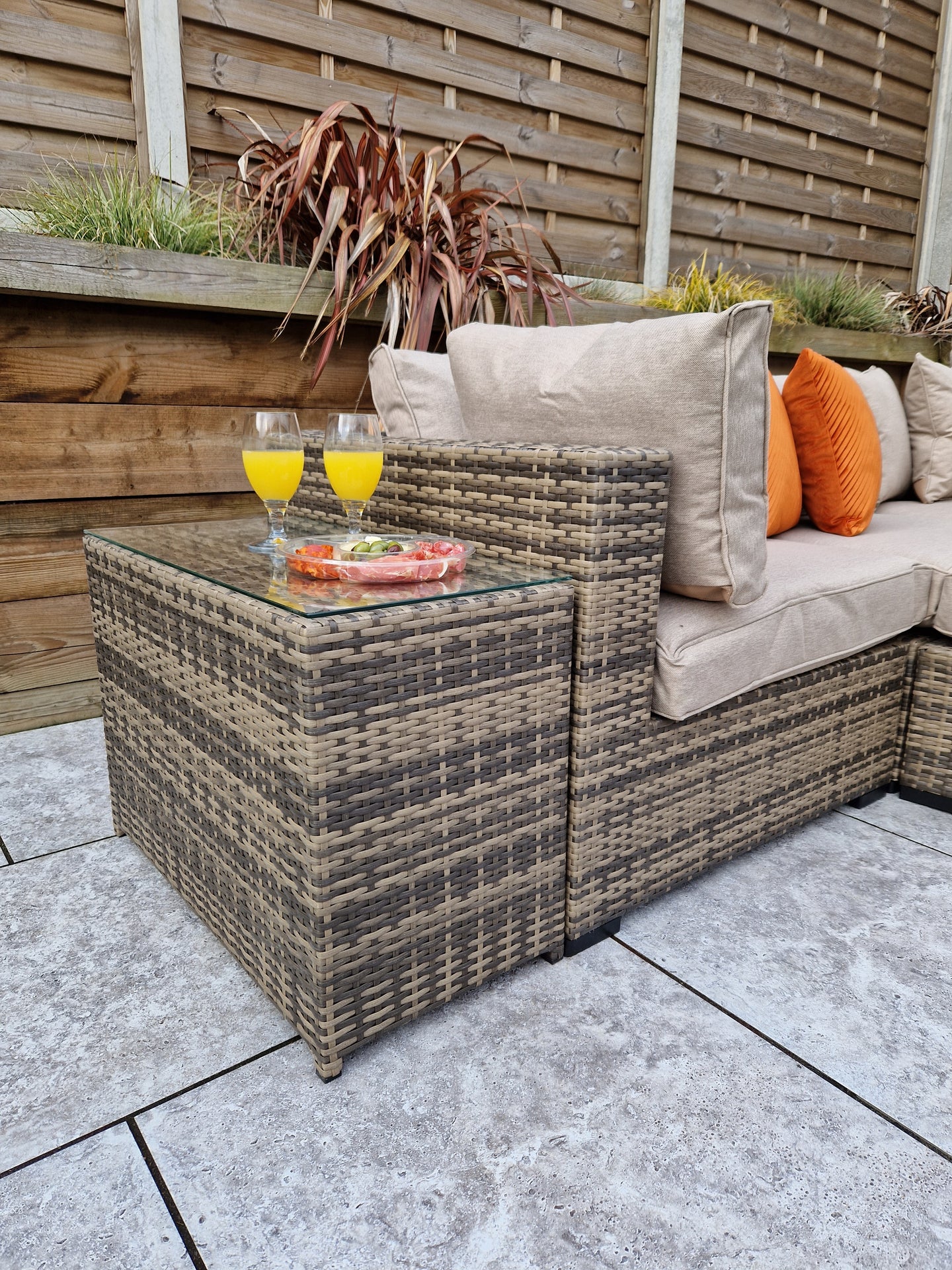 Signature Weave - Outdoor Furniture - Jessica - Corner With Poof & End Tables In Mixed Brown